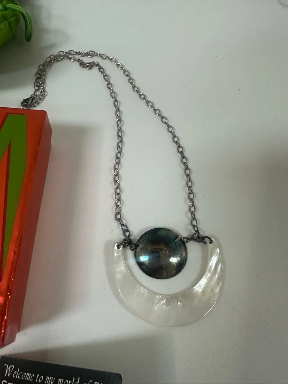 RIM Silver tone Chain Necklace with mother of pearl  Crescent Pendant